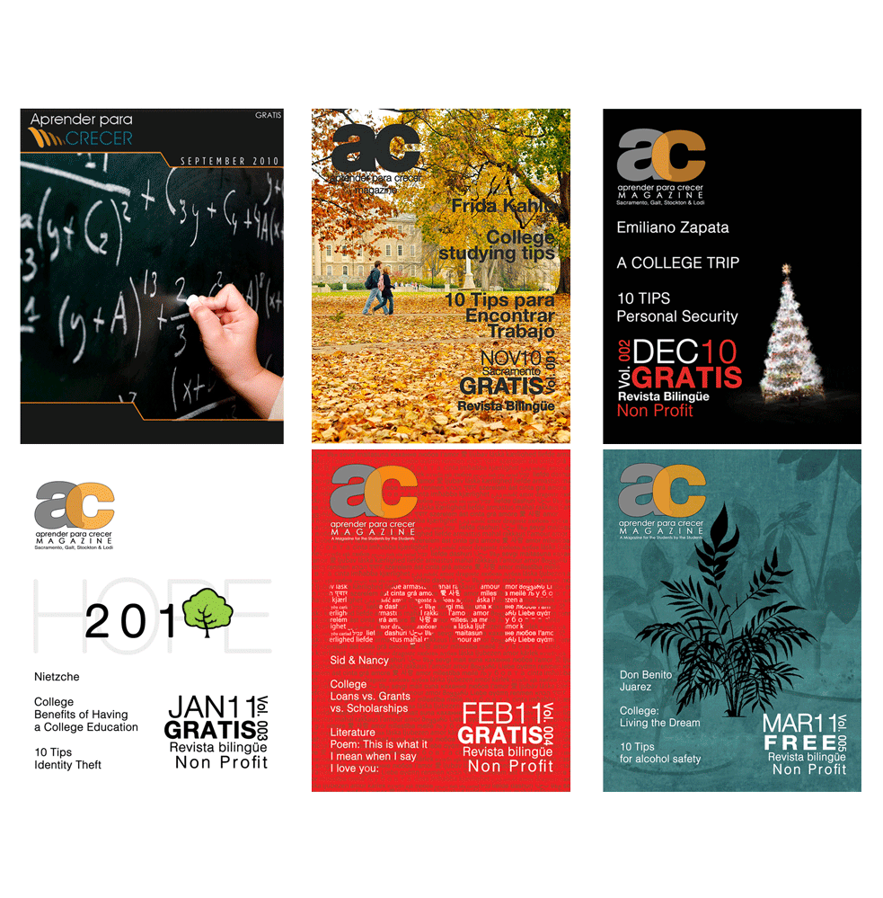 Aprender para Crecer was a nonprofit organization
            in the Sacramento area that helped young Latino kids continue their studies. For this project we created new branding and design for the magazine,
            including logo, grid, covers, publicity ads, articles, and website.