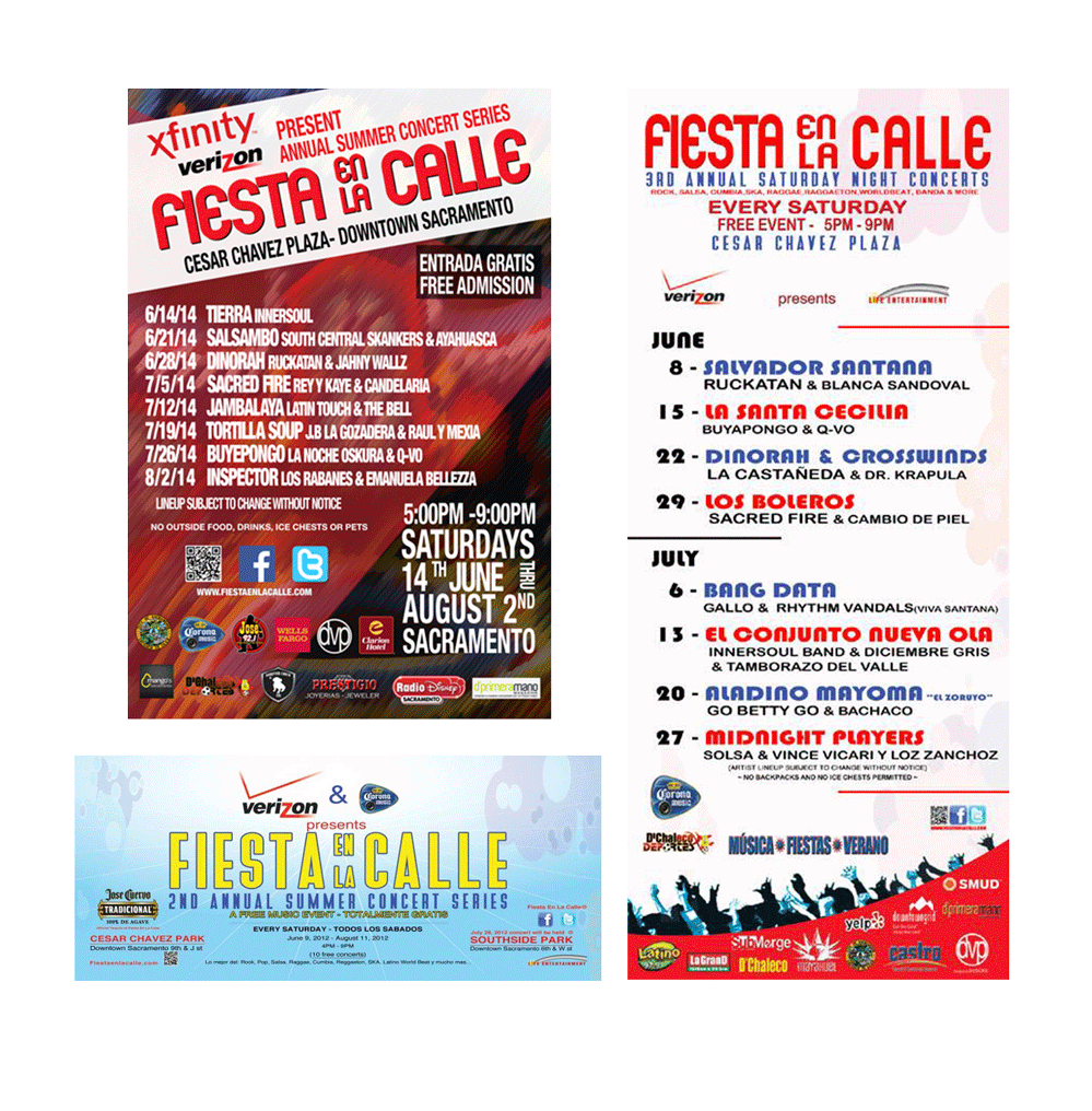  Held every summer,
            Fiesta en la Calle is a series of free concerts to enrich the community.
            We proudly supported the event for three years in a row, designing each year’s poster and flyer.