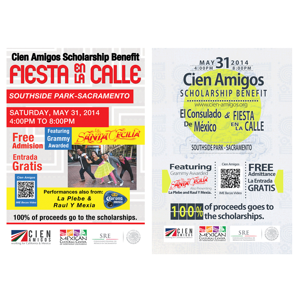 We helped Cien Amigos Scholarship raise
            funds by creating new flyers for a benefit concert held in cooperation with the Consulate General of Mexico in Sacramento.