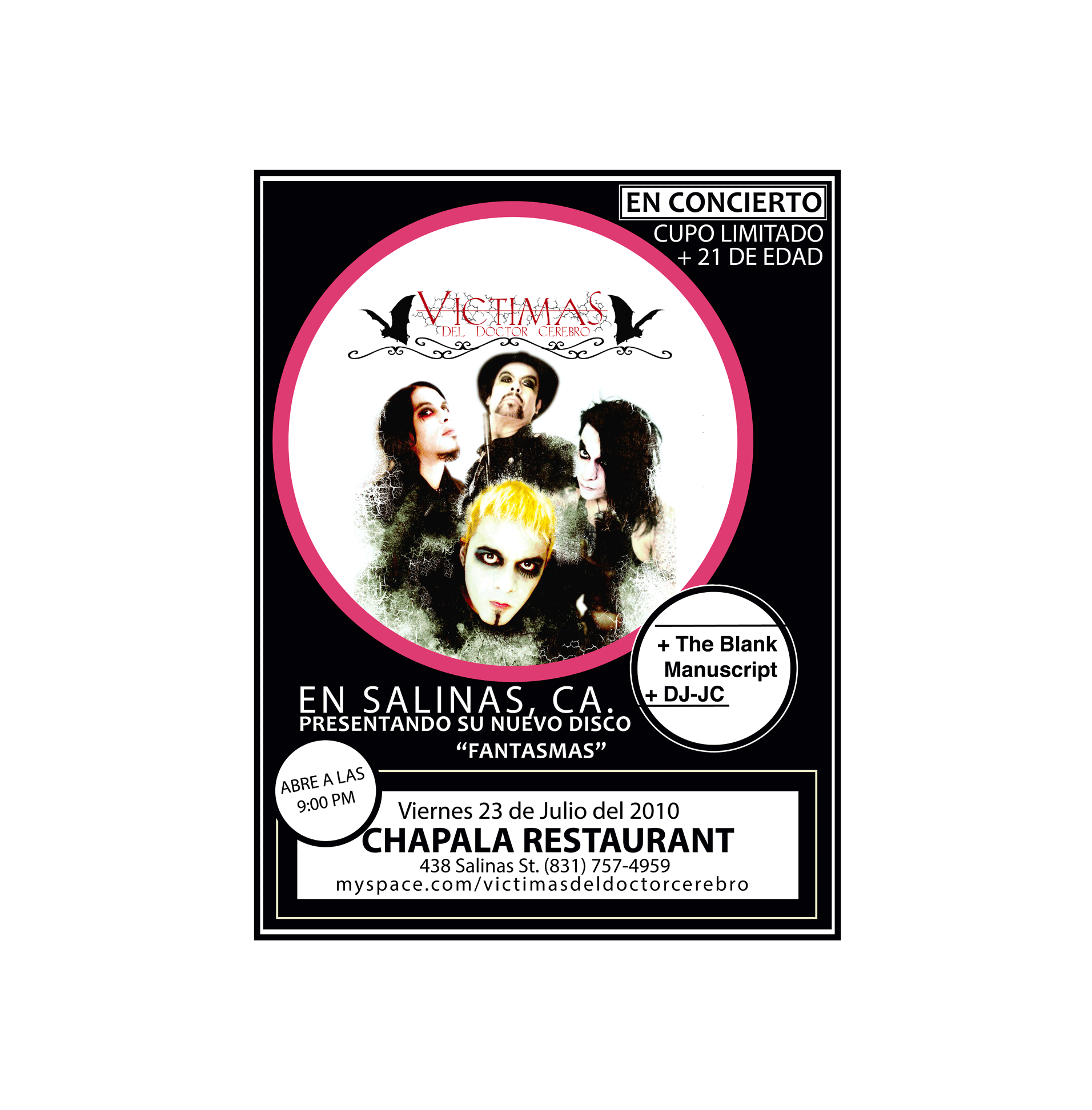 Poster for the concert of Victimas del Dr. Cerebro in Salinas, California. 